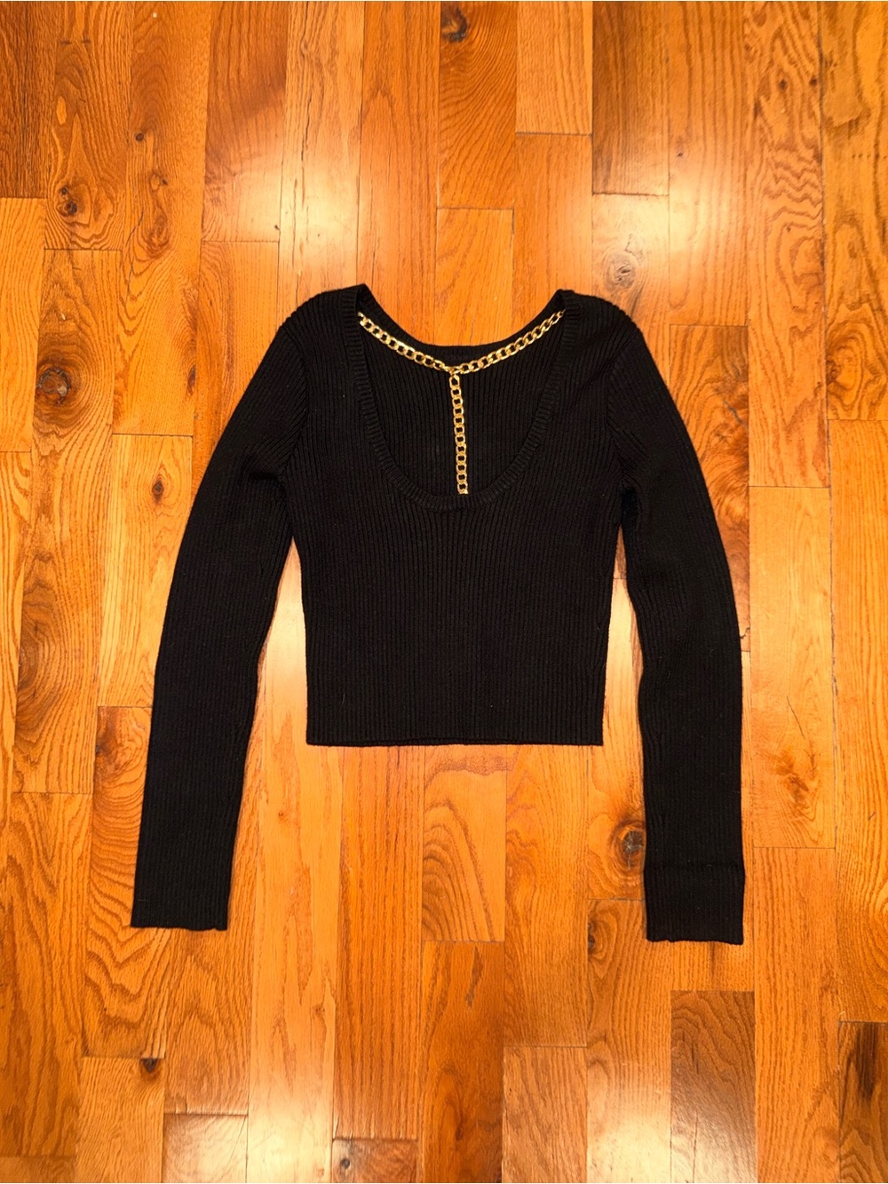 ASTR Black Ribbed Long-Sleeve Crop Top with Gold Chain Detail